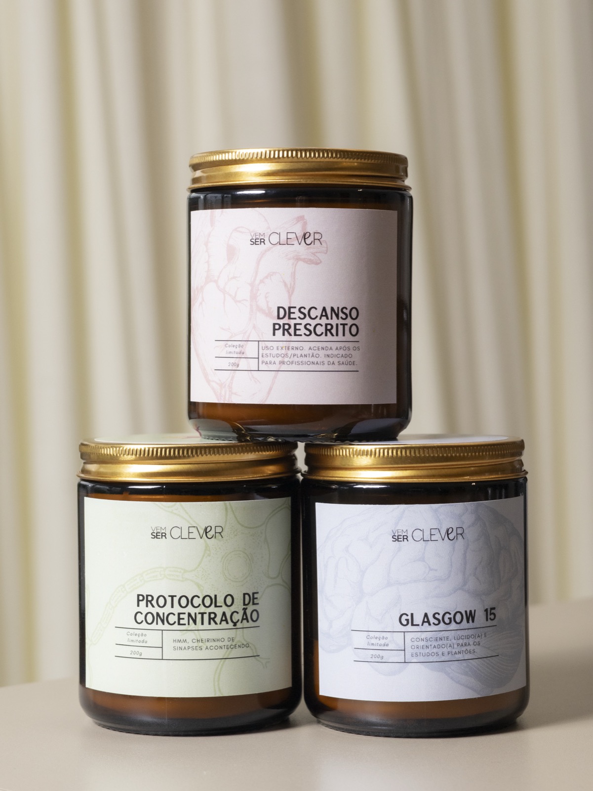 Trio de velas Vem Ser Clever — Descanso Prescrito, Protocolo de Concentração e Glasgow 15